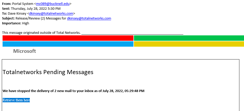 Phishing email pretending to be from Microsoft
